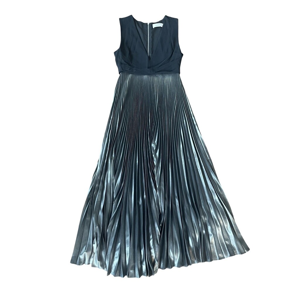 A.L.C. Metallic Pleated Maxi Dress Black Silver Sleeveless 2